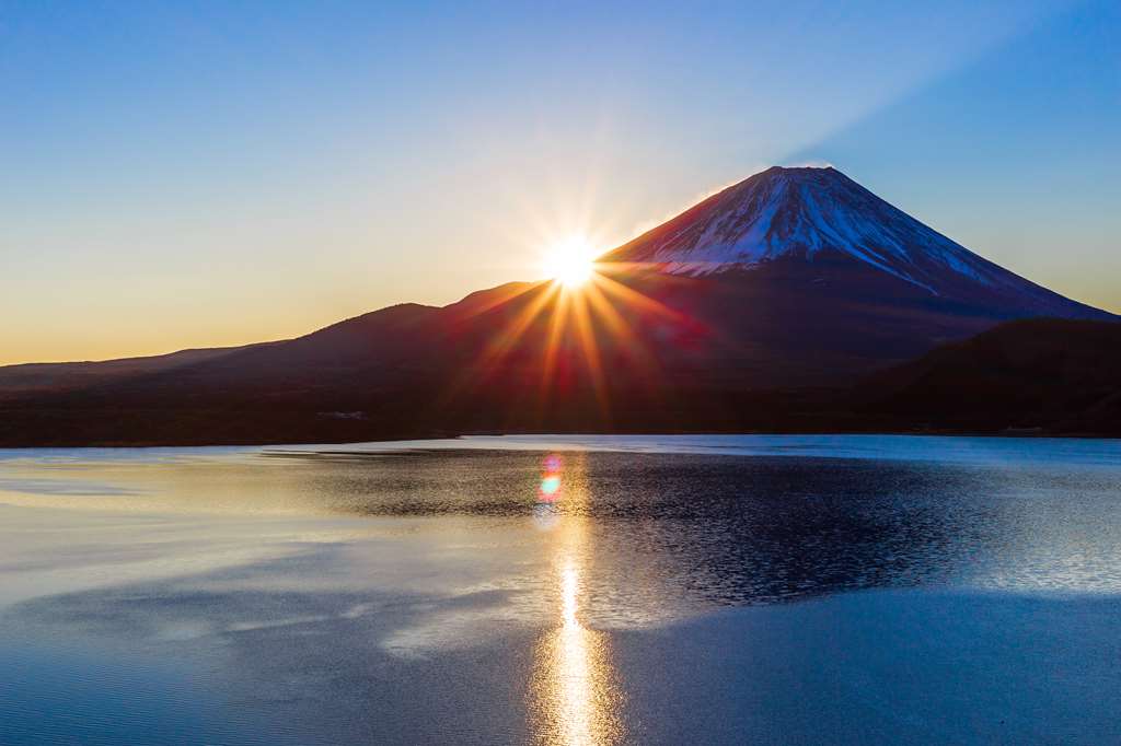 Sunrise over Mt. Fuji seen from Lake Motosu, Japan